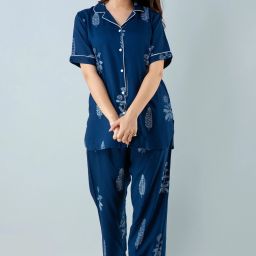 Women Night Suit Set Blue Striped-image-139