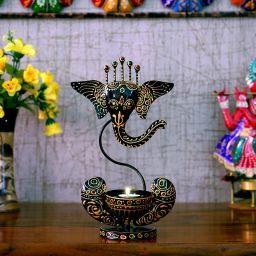 Medieval Arts Metal Handpainted Ganesh T-Light Candle Holder in Black Color Iron Table Diya-picture-16
