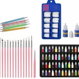 48 Bottles 3d Nail Art Glitter Sequins Set, 5Pc Double Side Dotting Pen, 15Pcs Nail Art Brush & reusable fake nails & nail glue-3
