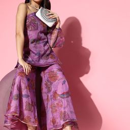 Inddus Printed Organza One-Shoulder Kurta Set-picture-34