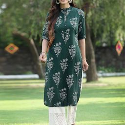 Juniper Women Green  White Bandhani Printed Liva Pathani Kurta-16
