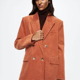 MANGO Women Rust Orange Solid Pure Cotton Sustainable Corduroy Double Breasted Blazer-image-3