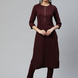 SheWill Women Burgundy Embroidered Sequinned Kurta with Trousers-image-28