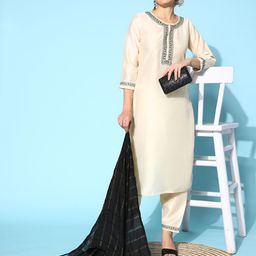 SheWill Women White Floral Yoke Design Thread Work Kurta with Trousers & With Dupatta-picture-17