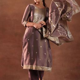 Libas Mauve and Gold Ethnic Motifs Woven Design Straight Kurta with Trouser & Dupatta-picture-21