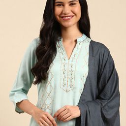 SHOWOFF Embroidered Gotta Patti Chanderi Cotton Straight Kurta With Trousers & Dupatta-picture-57