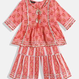 Readiprint Fashions Girls Red Floral Printed Empire Gotta Patti Pure Cotton Kurti with Sharara-image-1