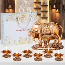 INTERNATIONAL GIFT Brown Kamdhenu Cow With Calf Statue Figurine with Diyas Gift Set-16