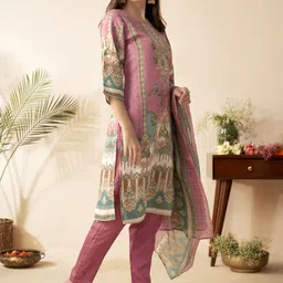 Anouk Women Floral Printed Regular Mirror Work Kurta with Trousers & With Dupatta image 3