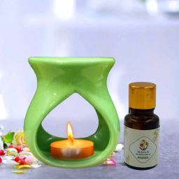 Diya Cutting Ceramic Green Diffuser With 10ml Lilly Oil & One Tea Light Candles Diffuser Set, Aroma Oil-image-70