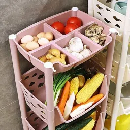 Skep 2+1 Layers Fruit & Vegetable Basket Trolley (Pink Colour) Plastic Kitchen Trolley-image-19