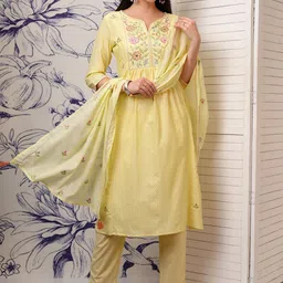 Vishudh Yellow Embroidered Thread Work Cotton Straight Kurta With Trousers & Dupatta-picture-55