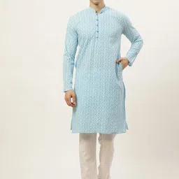 Jompers Men Turquoise Blue Ethnic Motifs Embroidered Thread Work Pure Cotton Kurta with Churidar-picture-27