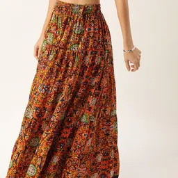 Varanga Multi-Coloured Phulkari Printed Tiered Flared Maxi Pure Cotton Skirt-34