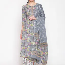 GLAM ROOTS Women Grey Floral Printed Gotta Patti Pure Cotton Kurta with Trousers & Dupatta-image-34