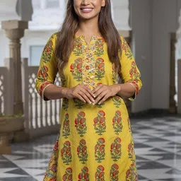 Jaipur Kurti Women Mustard Yellow Floral Printed Gotta Patti Pure Cotton Kurta with Skirt-image-35