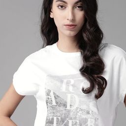 The Roadster Lifestyle Co Women White  Grey Printed Round Neck Pure Cotton T-shirt-image-37