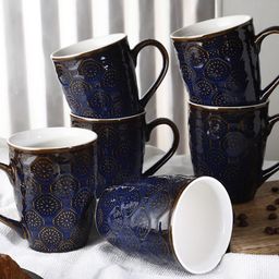 The Decor Mart Set Of 6 Blue & White Textured Ceramic Glossy Mugs-27