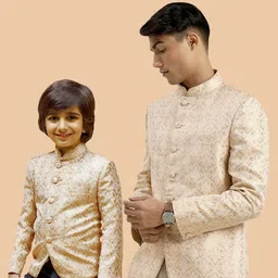 VASTRAMAY Boys Slim Fit Jacquard Woven Design Silk Bandhagala Blazer-48