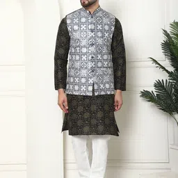 SOJANYA Printed Regular Thread Work Kurta with Churidar & Nehru Jacket-21