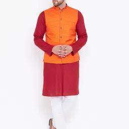 VASTRAMAY Men Maroon Kurta with Churidar & Nehru Jacket-picture-13