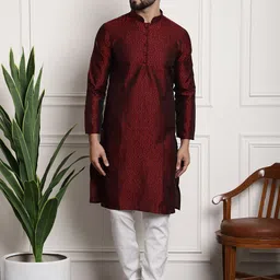 SOJANYA Men Maroon & Off-White Self Design Kurta with Churidar-image-60