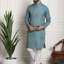 SOJANYA Men Blue & Off-White Woven Design Kurta with Churidar-picture-56