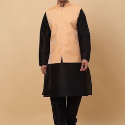 KRAFT INDIA Mandarin Collar Kurta With Churidar & Striped Sequinned Nehru Jacket-image-85