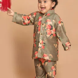 VASTRAMAY Boys Olive Green Floral Printed Kurta with Churidar-image-48