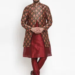 Kaifoo Men Maroon Ethnic Motifs Printed Kurta with Churidar & Jacket-image-18