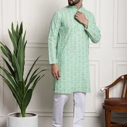 SOJANYA Men Green Ethnic Motifs Printed Kurta with Churidar-image-36