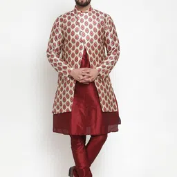 Kaifoo Men Maroon Angrakha Kurta and Churidar Ethnic Printed Jacket-picture-23