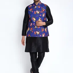 Benstoke Men Black Dupion Silk Kurta with Churidar and Printed Nehru Jacket-picture-3