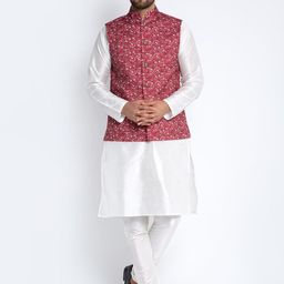 Benstoke Men White Floral Printed Dupion Silk Kurta with Churidar-picture-17