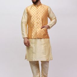 MAG Mandarin Collar Regular Dupion Silk Kurta with Churidar & Woven Design Nehru Jacket-46