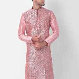 DEYANN Men Peach-Coloured Regular Dupion Silk Kurta with Churidar-picture-12