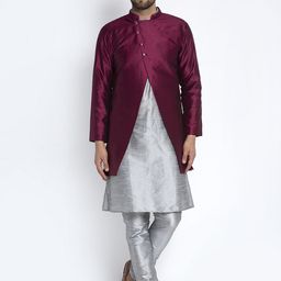 Benstoke Men Grey Dupion Silk Kurta with Churidar-image-56