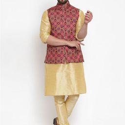 Kaifoo Men Gold-Toned Kurta with Churidar & Nehru Jacket-91