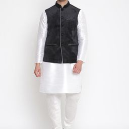 VASTRAMAY Men White Kurta with Churidar & Nehru Jacket-45