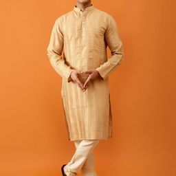 Streaks & Crosses Striped Mandarin Collar Straight Kurta with Churidar-image-72
