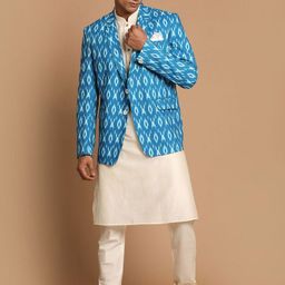 VASTRAMAY Men Cream-Coloured Kurta With Pyjamas & With Ikat Printed Blazer-picture-51