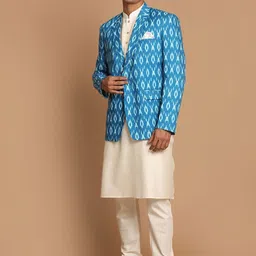 VASTRAMAY Men Cream-Coloured Kurta With Pyjamas & With Ikat Printed Blazer image 3