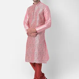 DEYANN Men Peach-Coloured Regular Dupion Silk Kurta with Churidar image 4
