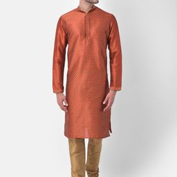 DEYANN Men Orange Ethnic Motifs Regular Dupion Silk Kurta with Churidar-picture-24