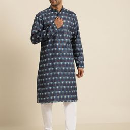 SOJANYA Men Navy Blue & White Printed Kurta with Churidar-image-9