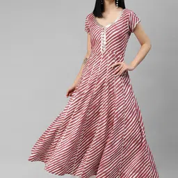 MBE Women Maroon & White Leheriya Printed Pure Cotton Gotta Patti Anarkali Kurta-24