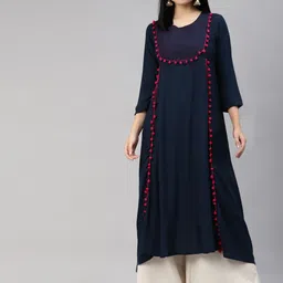 MBE Women Navy Blue Solid Embroidered Kurta-image-13
