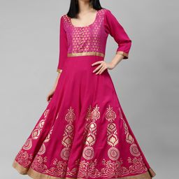 MBE Women Magenta & Golden Ethnic Motifs Printed Pure Cotton Anarkali Kurta-picture-20