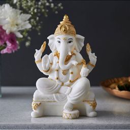 Home Centre White Textured Sitting Ganesha Figurine Showpieces-image-79