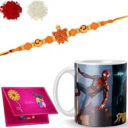 Designer Rakhi with mug_NAADN3317 Gold Finish Rakhi, Chawal Roli Pack, Greeting Card Set-11